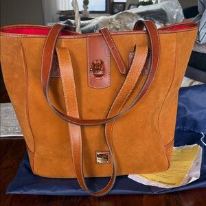 Dooney & Bourke Cognac Suede Tote with Red Lining